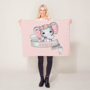 Personalized Name Elephant Baby Girl Pink & Gray Fleece Blanket