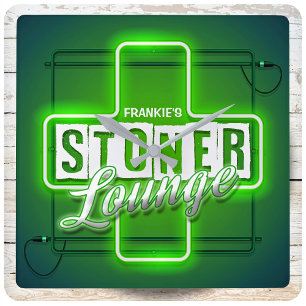 Personalized NAME Faux Neon Stoner Lounge Bar Square Wall Clock