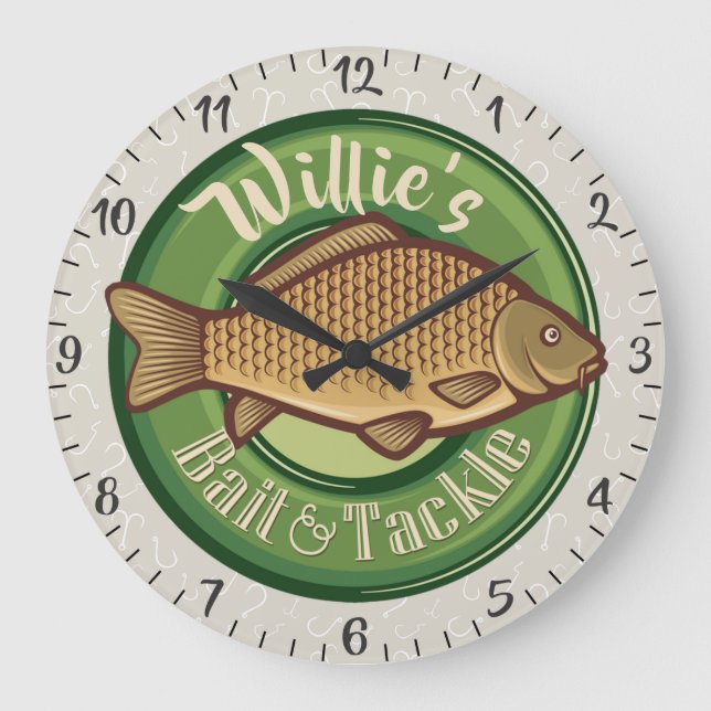 Personalized NAME Fish Bait Tackle Fishing Angler Large Clock (Front)