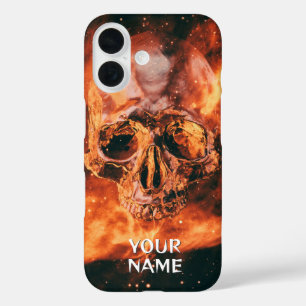 Personalized Name. Flaming skull in space iPhone 16 Case