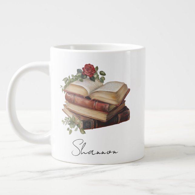Personalized Name Floral Book Lover Large Coffee Mug (Left)