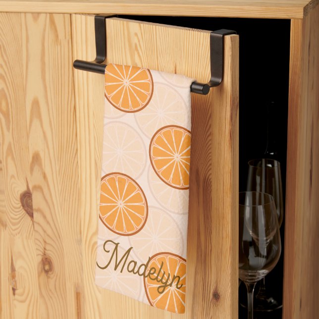 Personalized name fruit orang and brown tea towel (Thirds Fold)