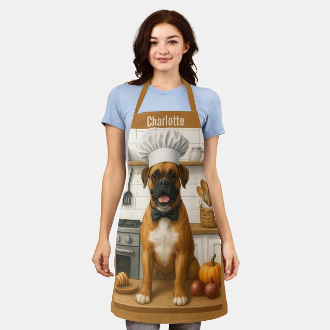 Personalized Name Funny Boxer Dog Loving Chef Apron (Worn)