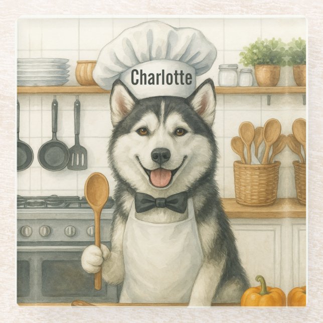 Personalized Name Funny Siberian Husky Dog Chef Glass Coaster (Front)