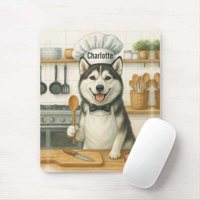 Personalized Name Funny Siberian Husky Dog Chef Mouse Pad (With Mouse)