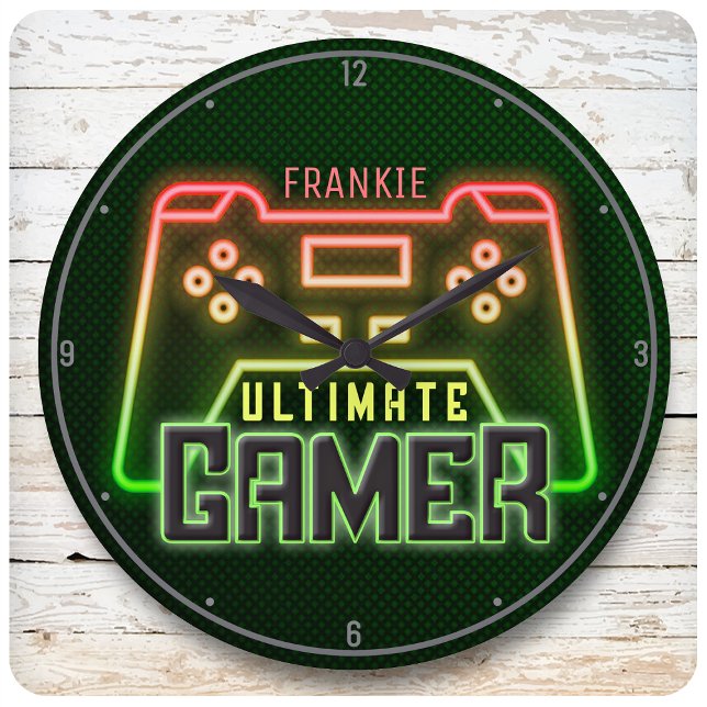 Personalized NAME Gamer Faux Neon Retro Video Game Large Clock (Creator Uploaded)