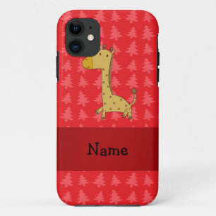 Personalized name giraffe red christmas trees iPhone 11 case