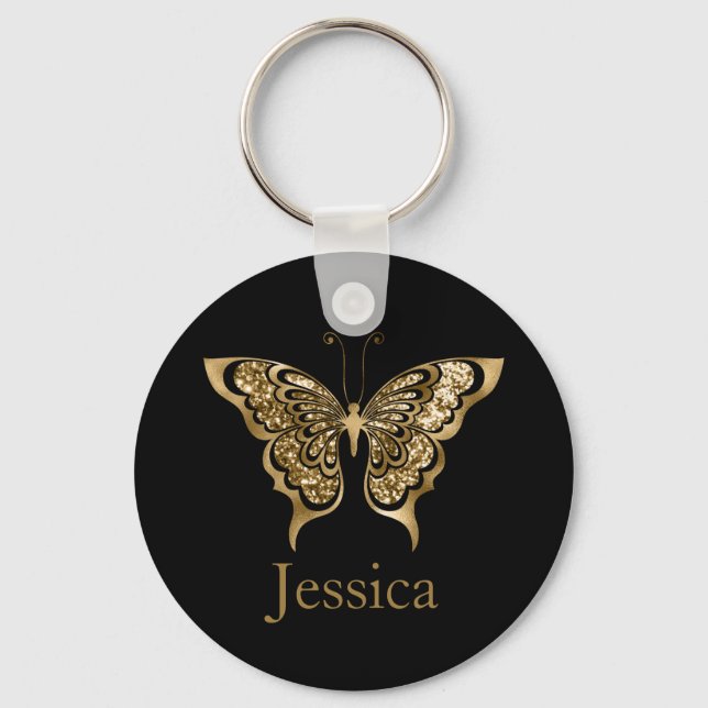 Personalized Name Glitter Golden Butterfly  Key Ring (Front)