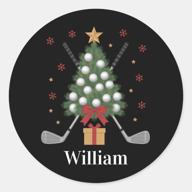 Personalized Name Golf Tree Equipment Christmas  Classic Round Sticker (Front)