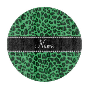 Personalized name green leopard pattern cutting board