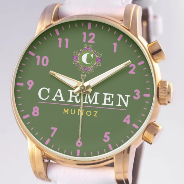 Personalized name green pink monogram custom watch (Creator Uploaded)