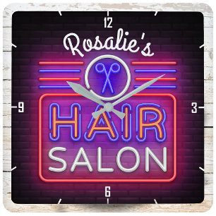 Personalized NAME Hair Salon Stylist Neon Style Square Wall Clock