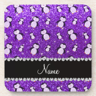Personalized name indigo purple glitter penguins coaster