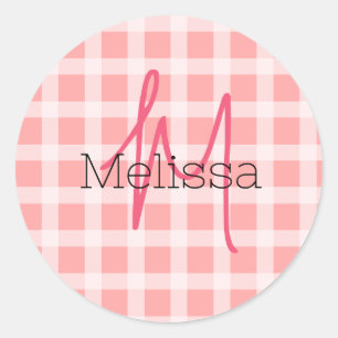 Personalized name initial modern blush pink tartan classic round sticker