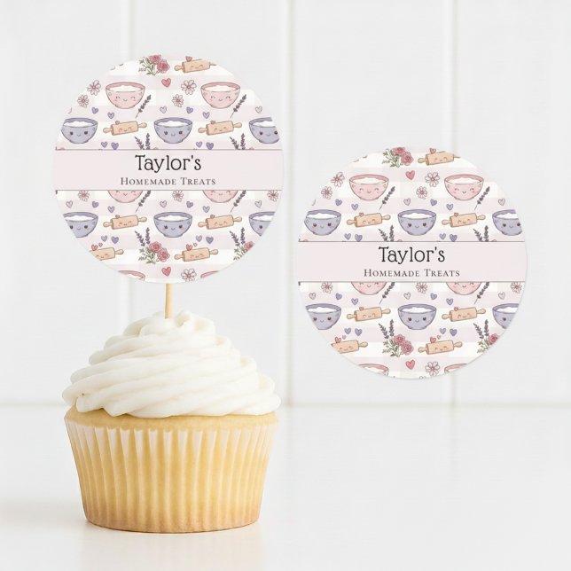 Personalized Name Kawaii Checkered Cupcake Topper  Classic Round Sticker (Creator Uploaded)