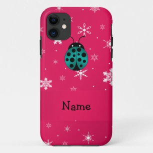 Personalized name ladybug dark pink snowflakes iPhone 11 case