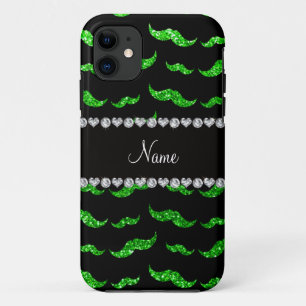 Personalized name lime green glitter mustaches iPhone 11 case