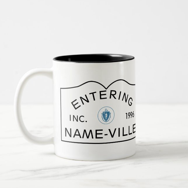PERSONALIZED Name Massachusetts Town Sign Two-Tone Coffee Mug (Left)