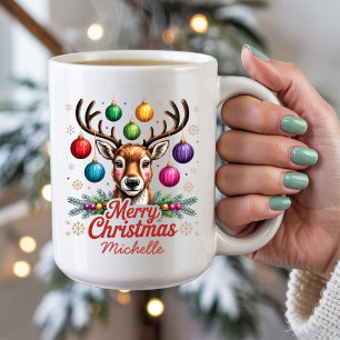 Personalized Name Merry Christmas Reindeer baubles Coffee Mug