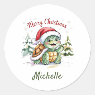 Personalized Name Merry Christmas Turtle in Santa  Classic Round Sticker