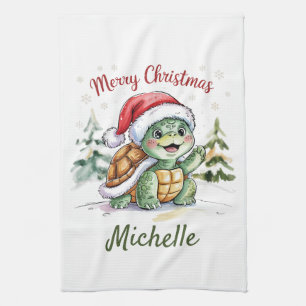 Personalized Name Merry Christmas Turtle in Santa Tea Towel