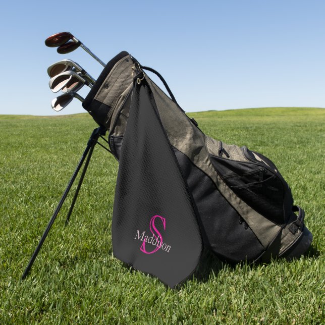 Personalized Name Monogram Black Pink Golf Towel (Green)