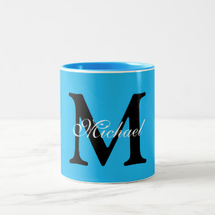 Personalized Name Monogram Blue Background Two-Tone Coffee Mug