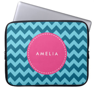 Personalized Name Monogram Blue Chevron Laptop Sleeve