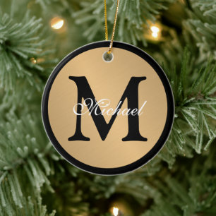 Personalized Name Monogram Gold Metallic Button  Ceramic Ornament