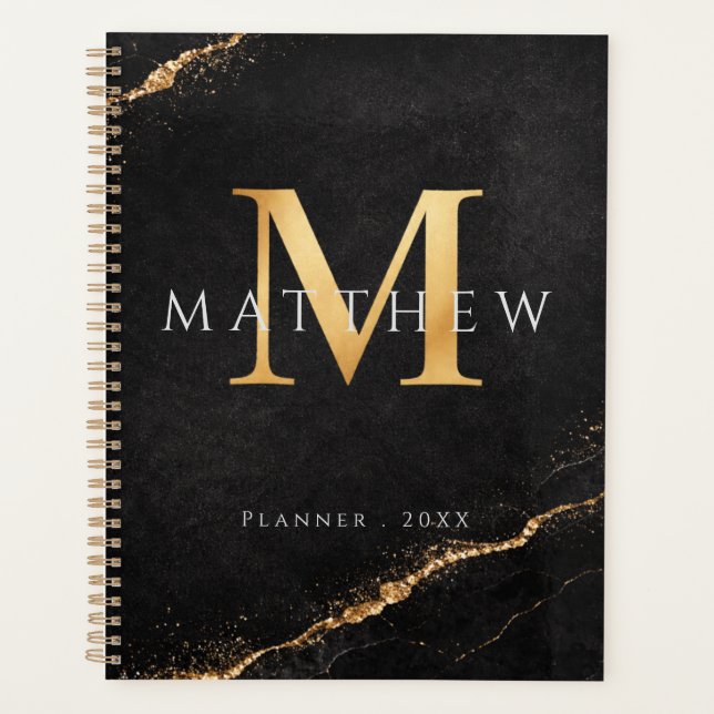 Personalized Name Monogram Golden Black Planner (Front)