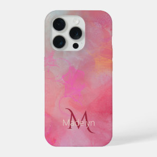 Personalized Name + Monogram Pink Watercolor Ink iPhone 15 Pro Case