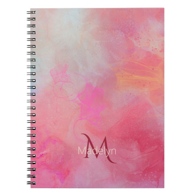Personalized Name + Monogram Pink Watercolor Ink Notebook (Front)