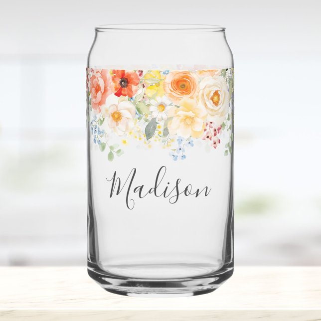 Personalized Name Monogram Watercolor Sunny Floral Can Glass (Creator Uploaded)
