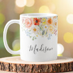 Personalized Name Monogram Watercolor Sunny Floral Coffee Mug<br><div class="desc">Drink your coffee with style with our Personalized Name Monogram Watercolor Sunny Floral Coffee Mug. Featuring watercolor illustration of flower arrangement with bright colors and editable elegant calligraphy text that can be personalized your name. Suitable as gift for flower lovers and a wedding gift for brides and bridesmaids.</div>