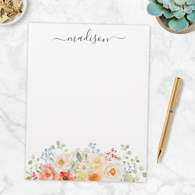 Personalized Name Monogram Watercolor Sunny Floral Custom Letterhead (Creator Uploaded)