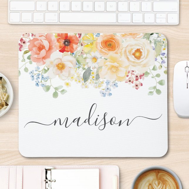 Personalized Name Monogram Watercolor Sunny Floral Mouse Pad (Creator Uploaded)