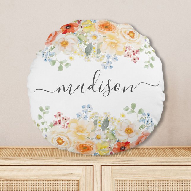 Personalized Name Monogram Watercolor Sunny Floral Round Cushion (Creator Uploaded)