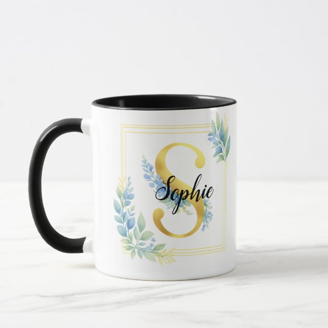 Personalized Name Mug • Gold and Floral Initial (Left)