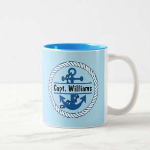 Personalized Name Navy Blue Nautical Anchor Marine Two-Tone Coffee Mug