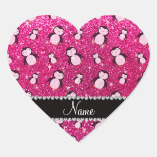 Personalized name neon hot pink glitter penguins heart sticker