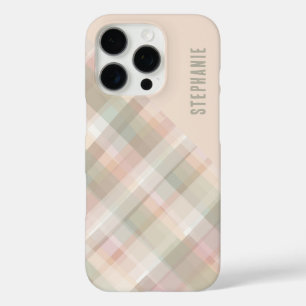 Personalized Name Pastel Plaid Peach Green Pretty iPhone 16 Pro Case