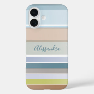 Personalized Name Pastel Stripes Modern Blue Sage iPhone 16 Case