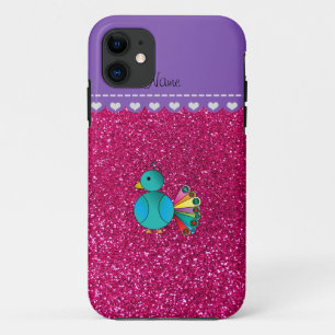 Personalized name peacock neon hot pink glitter iPhone 11 case