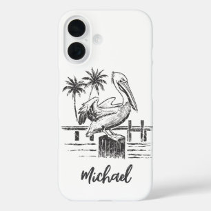 Personalized Name Pelican On A Post Palm Tree  iPhone 16 Case