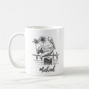 Personalized Name Pelican On A Post Palm Tree  Coffee Mug