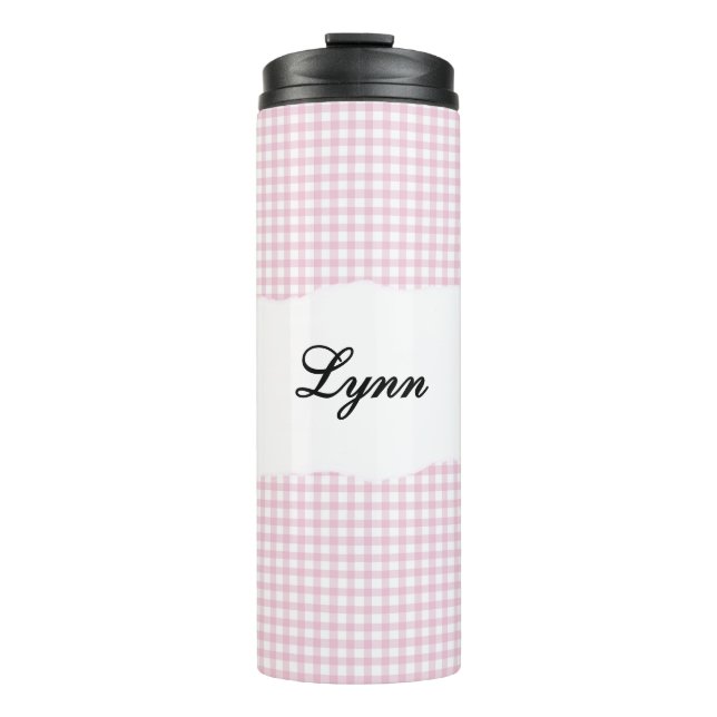 Personalized Name Pink Gingham Pattern Thermal Tumbler (Front)