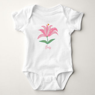 Personalized name pink lily flower baby bodysuit