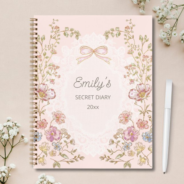 Personalized Name Pretty Vintage Floral Diary Notebook (In situ)