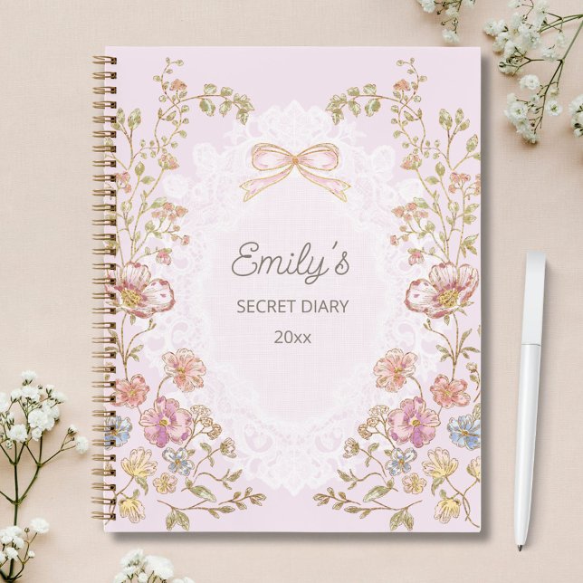 Personalized Name Pretty Vintage Floral Diary Notebook (In situ)