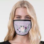 Personalized name purple floral bridesmaid face mask<br><div class="desc">Watercolor botanical floral and greenery in blush,  peach and purple on color editable dusty  purple background,  with personalized "bridesmaid" script,  elegant and romantic,  great personalized bridal party gifts</div>